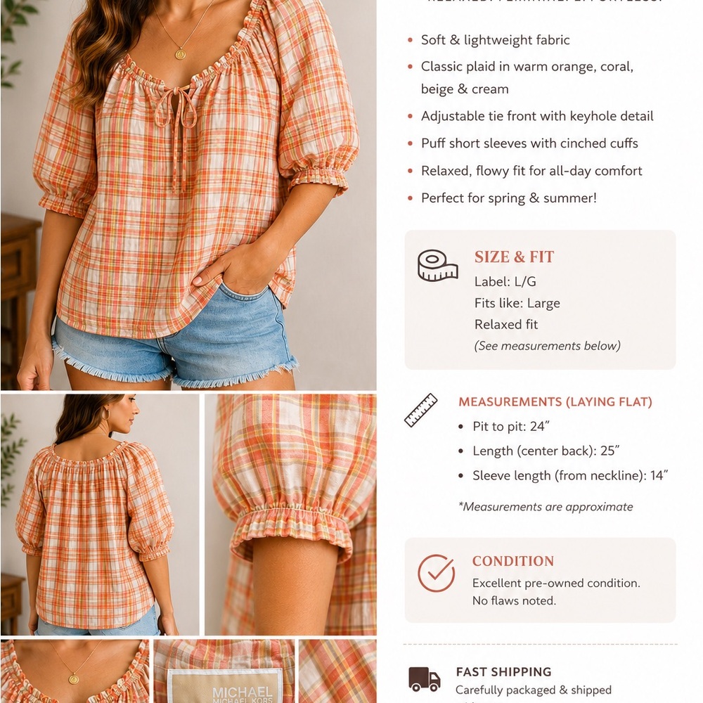 Michael Kors Orange Cream Plaid Peasant Blouse